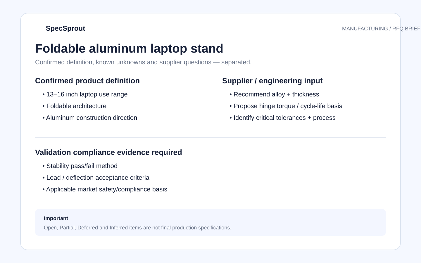 SpecSprout example manufacturer brief