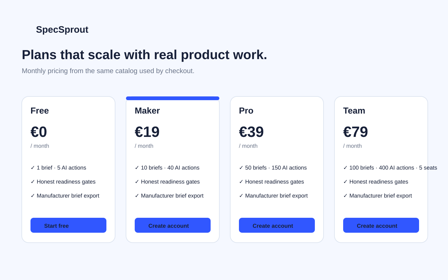 SpecSprout live pricing page